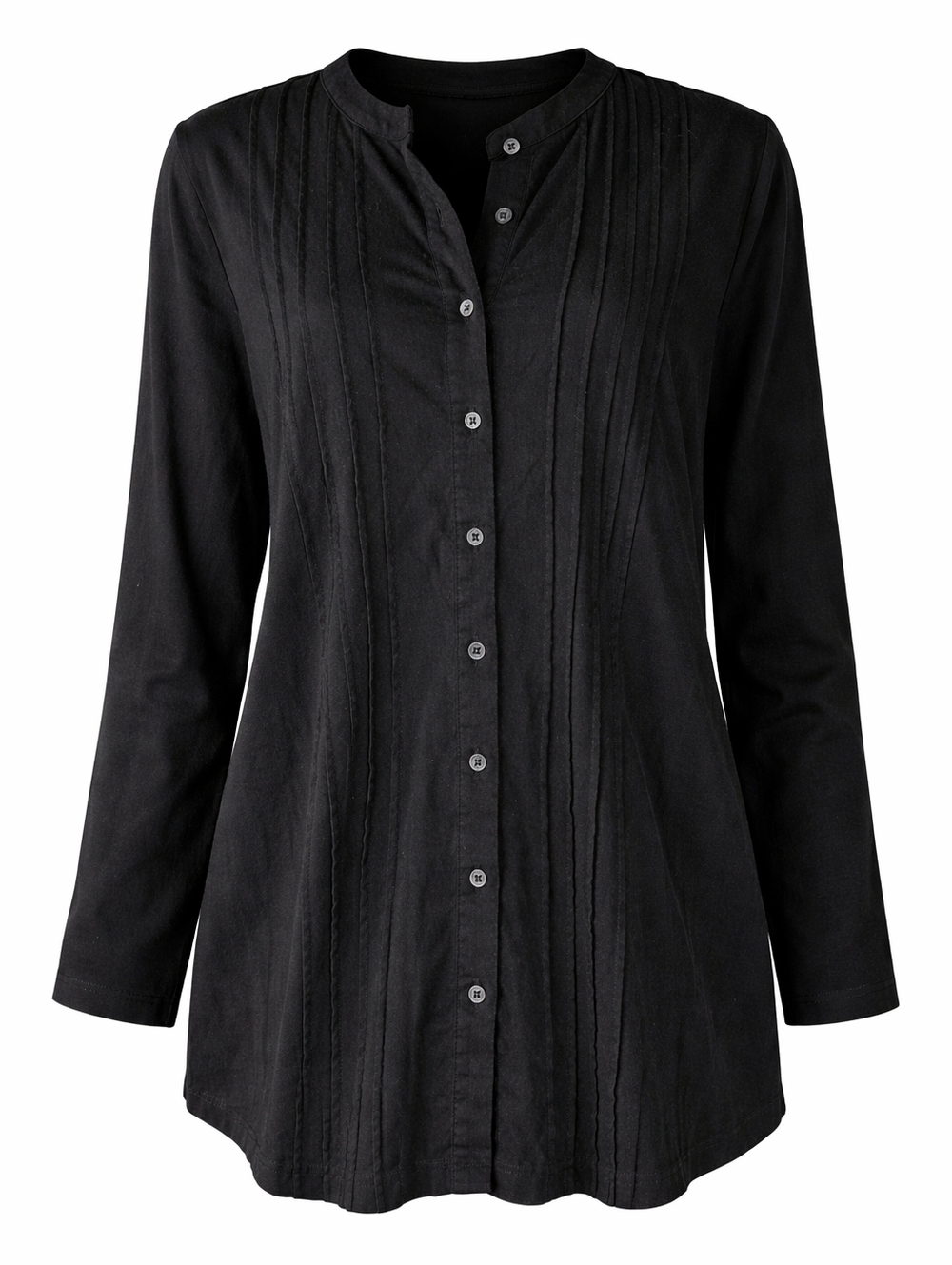 Lands End Black Long Sleeve Pintuck Button Down Mandarin Collar Tunic Top Sz M